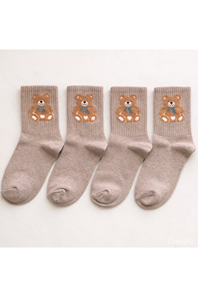 shefox 4 Pairs of Women's Teddy Bear Pattern Half-Toe College Socks