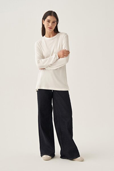 ALLDAY Ecru-Crew Neck Cotton Blouse with Gathered Sleeves