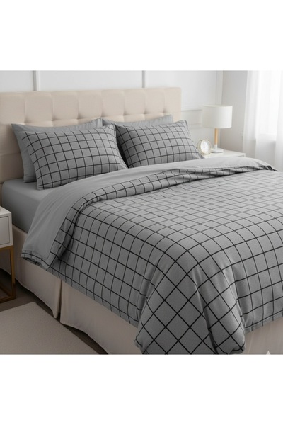 LaLiva Gray Checkered Double Bed Sheet with Elastic - Cotton Duvet Cover Set -