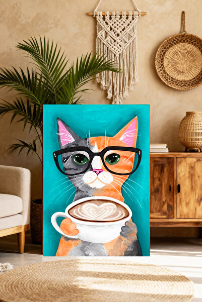 Mushen Studio Pictură cu o pisică drăguță băând cafea cu ochelari - Portret a...