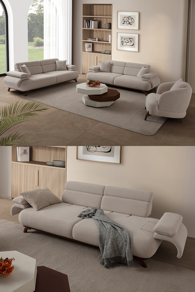 Eymense Bonjo Sırt Mekanizmalı Ceviz Kasalı Koltuk Takımı 3+3+1 Bej