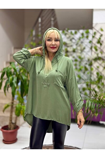 Punta Otantik Yg55839 Italian Coton Blouse with Pockets and Hood Khaki