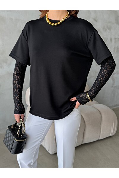 BEJNA Women's Lace Sleeve Oversize Modal Textured T-Shirt
