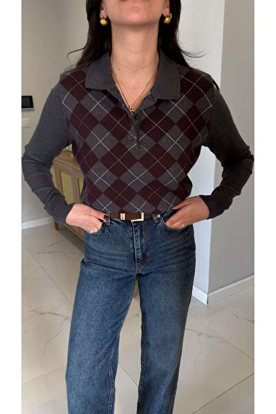 BİRCANÇİL Md Donis Anthracite Brown Diamond Pattern Polo Collar Knitwear