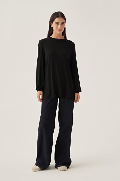 ALLDAY Black-Crew Neck Sleeve Drawstring Cotton Blouse