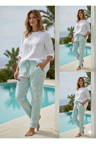 Punta Otantik PT91580 Pantaloni italieni din bumbac cu paiete, turcoaz