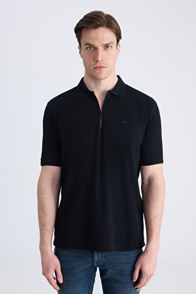 D'S Damat Ds Damat Regular Fit Black Pique Textured 100% Cotton T-Shirt