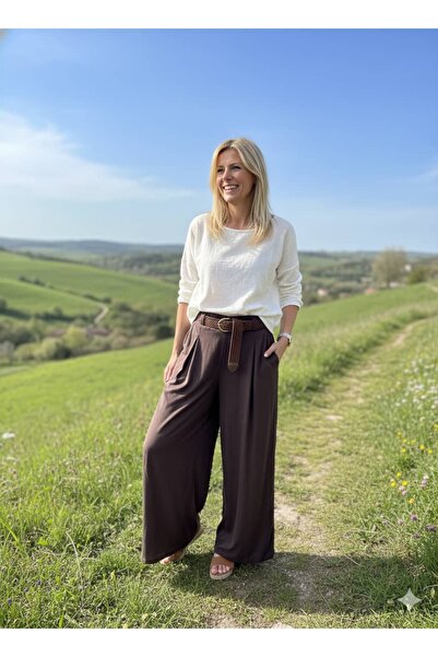 Punta Otantik Nc2292 Pleated Belted Italian Tencel Trousers Brown