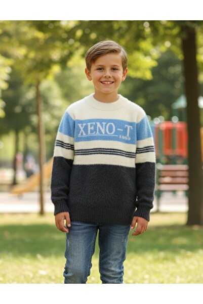 MiniKids Pulover Mohair, Xeno-T, alb-albastru-gri