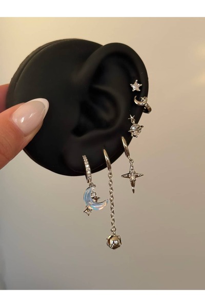 h&b design jewel Çelik Silver Hologramlı Hilal Detay 6 Lı Küpe Seti