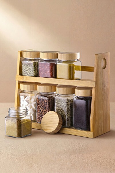 GÖNÜL 9 Parça Cam Baharat Takımı, Bambu Standlı Kapaklı Baharatlık Seti