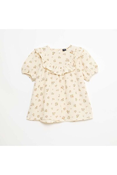 KIABI Round Neck Blouse with Ruffled Bib BEIGE
