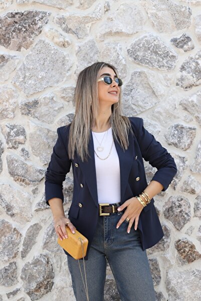 bytugcekaya Navy blue cotton gold buttoned blazer