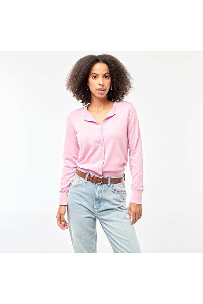 KIABI كارديجان محبوك سادة بياقة دائرية، لون وردي