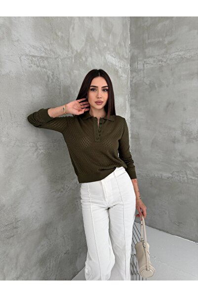 LA POMME Polo Collar Perforated Half Placket Buttoned Knitwear Blouse Lp66016