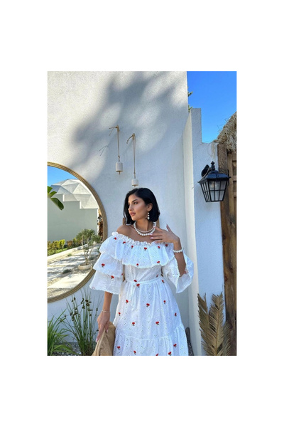 COjans Rochie broderie cu umeri elastici rosii