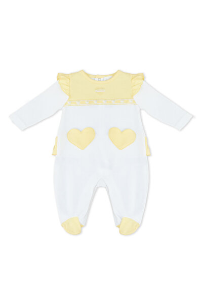 Moon بدلة نوم قطن 100%، مقاس 0-1 شهر، أصفر وأبيض - قلوب ليمونية