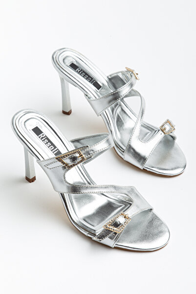 RİSSOLİ Women's Silver Shiny Leather Double Buckle Detailed Heeled Slippers
