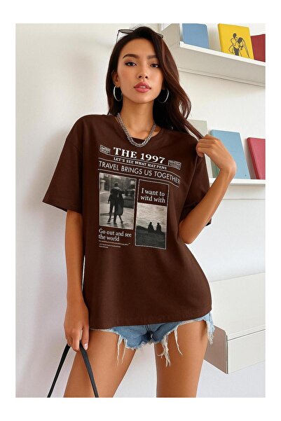 MODAVİBE Women's Vintage Newspaper Print Blue T-Shirt Crew Neck Xs-4Xl