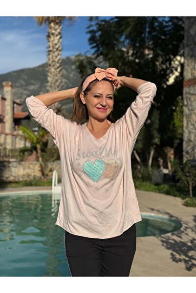 Punta Otantik Yg27060 Double Heart Printed Italian Knitwear Blouse Powder