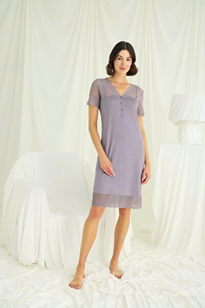 civetta Lace Collar, Sleeves, Shoulders, and Skirt, Buttoned Front Nightgown