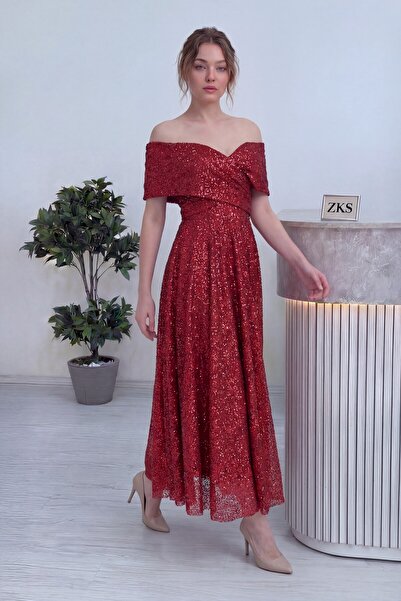 zks grup tekstil Women's Off-Shoulder Sequined Midi Length Evening Dress Saks...