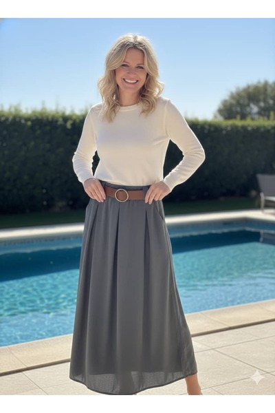 Punta Otantik Nc3254 Pleated Belted Italian Tencel Skirt Gray