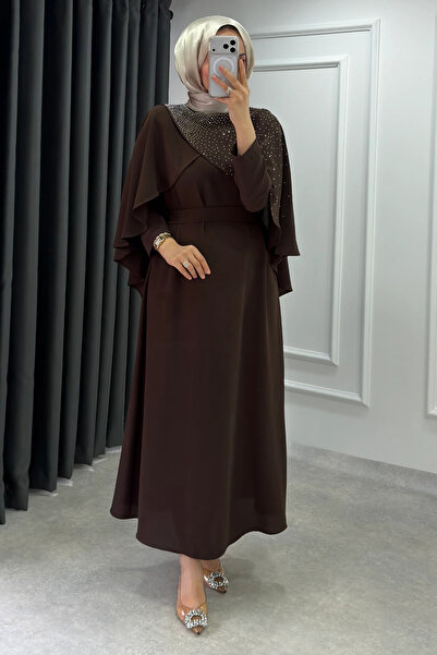 Abiye Diyarı Velisa Taş Detaylı Krep Kumaş Tesettür Abiye- Acı Kahve