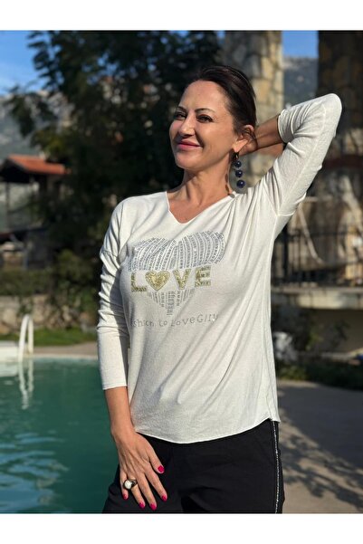 Punta Otantik Yg27040 Love Written Stoned Italian Knitwear Blouse White