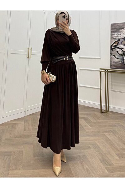 bezenstore KENDİNDEN KEMERLİ SANDY KAHVERENGİ ELBİSE