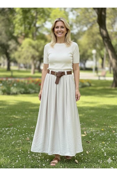 Punta Otantik Nc3254 Pleated Belted Italian Tencel Skirt Beige