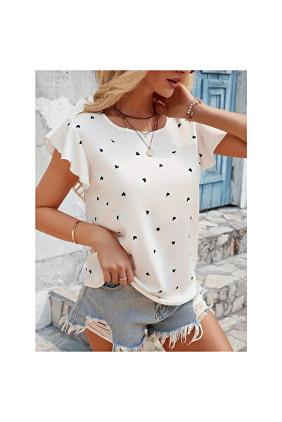 MİO Γυναικεία μπλούζα με κοντό μανίκι με λαιμόκοψη με μοτίβο καρδιάς