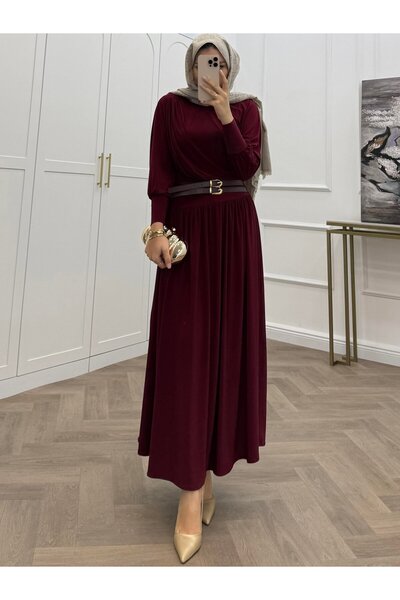 bezenstore KENDİNDEN KEMERLİ SANDY BORDO ELBİSE