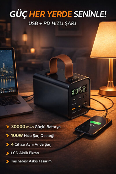 VOOKA 30000 mAh 100W Hızlı Şarj LCD Ekranlı 4 Cihaz Aynı Anda Şarj Powerbank ...