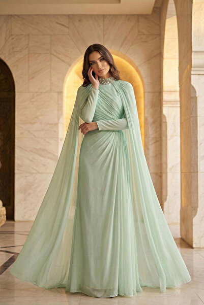 hakimoda فستان سهرة من الشيفون اللامع من ميللا باللون الأخضر النعناعي