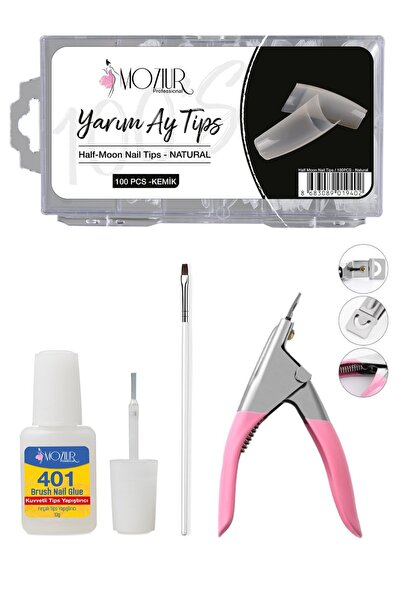 MOZIUR 100'lü Yarım Ay Tips Seti Tips Makası Tips Yapıştırıcı Jel Fırçası - P...