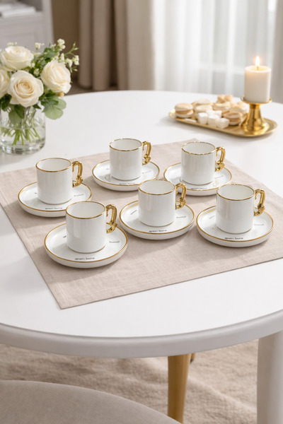 sonnenflügel Porselen 6'lı Gold Detaylı Kahve Fincanı Takımı Tabak Yazılı Aya...