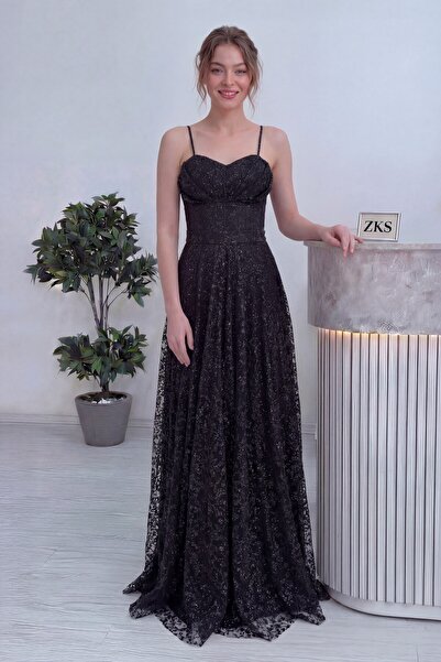 zks grup tekstil Women's Strappy Transparent Glittery Lace Evening Dress Red,...