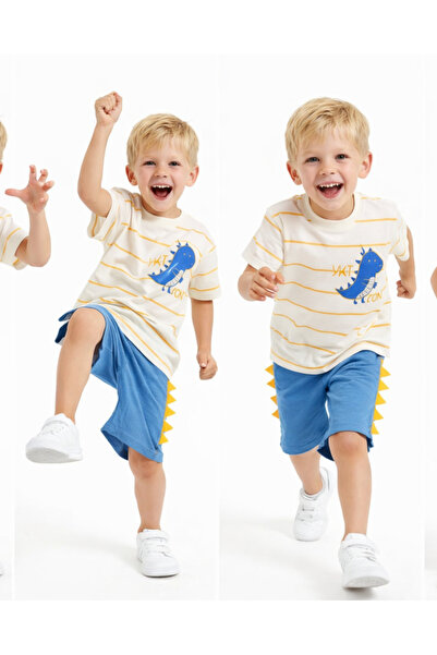 CiciTime Çocuk Modası Erkek Çocuk Dinozor Baskılı Çizgili Tişört & Şort Takım...