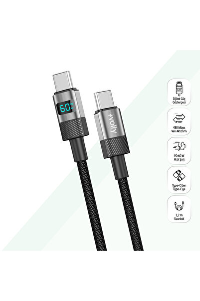 Volty Type C Hızlı Şarj Kablosu | Type-C to Type-C, 60W, 480Mbps, 1.2m, PD, D...