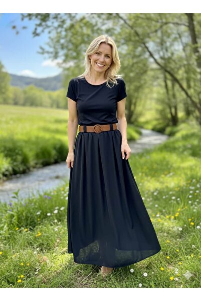 Punta Otantik Nc3254 Pleated Belted Italian Tencel Skirt Black