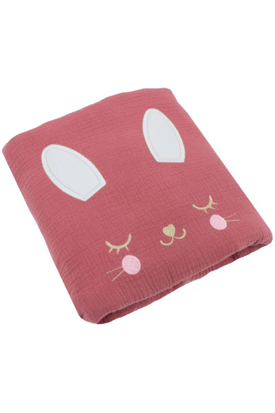 PRICHINDEL Pătură de muselină, model iepuraș, cu pompoane, roz, 160x140 cm