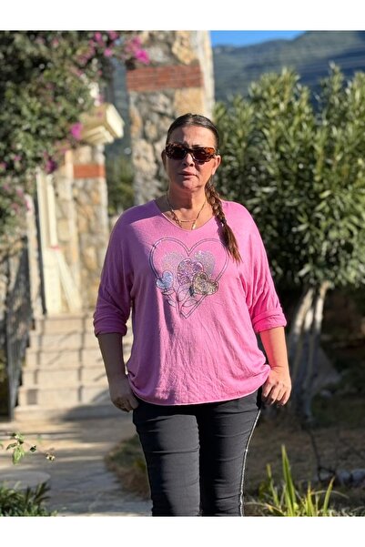 Punta Otantik Yg27030 Five Hearts Patterned Italian Knitwear Blouse Pink