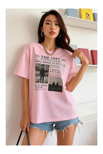 Lider Leather Women's Vintage Newspaper Print Blue T-Shirt Crew Neck Xs-4Xl