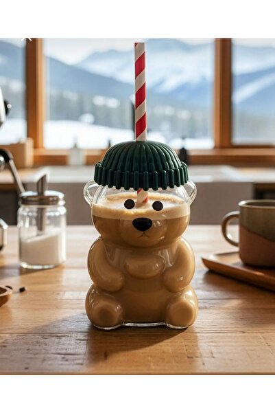 İNCİ AKSESUAR Bear-Arı Bearista Glass Straw Cold Drink Cup with Straw 500ml