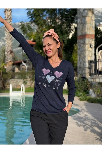 Punta Otantik Yg27070 Amour Printed Italian Knitwear Blouse Navy Blue