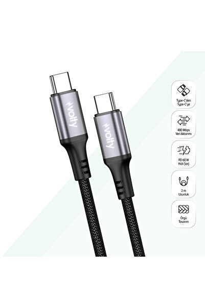 Volty Type C Hızlı Şarj Kablosu | Type-C to Type-C, 60W, 480Mbps, 2m, PD, Örg...