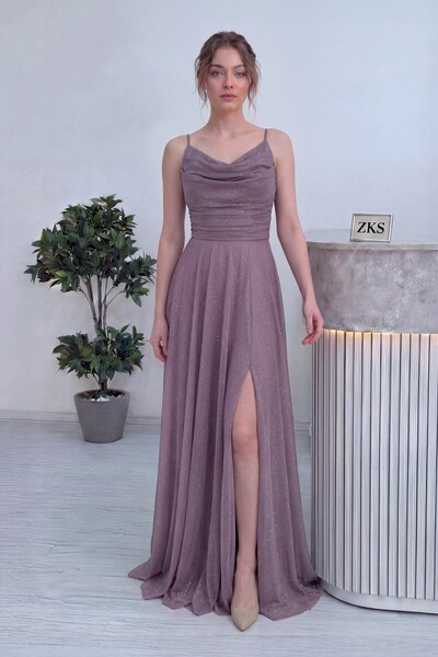 zks grup tekstil Women's Strappy Front Draped Slit Glitter Evening Dress in P...