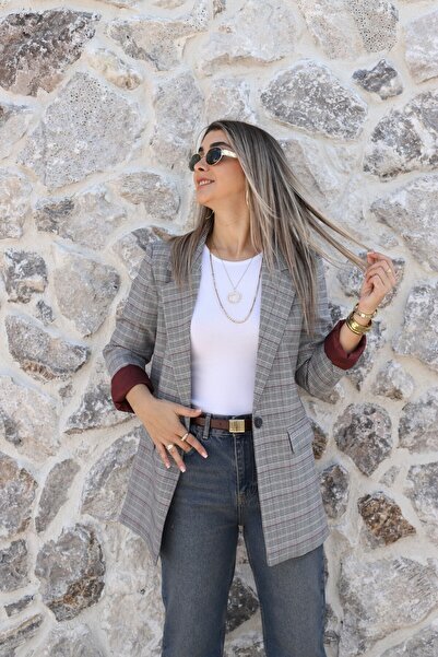 bytugcekaya Burgundy striped single button plaid blazer