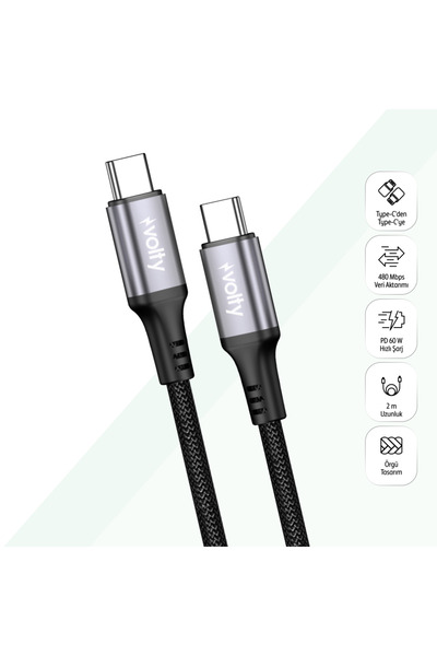 Volty Type C Hızlı Şarj Kablosu | Type-C to Type-C, 60W, 480Mbps, 1.2m, PD, D...